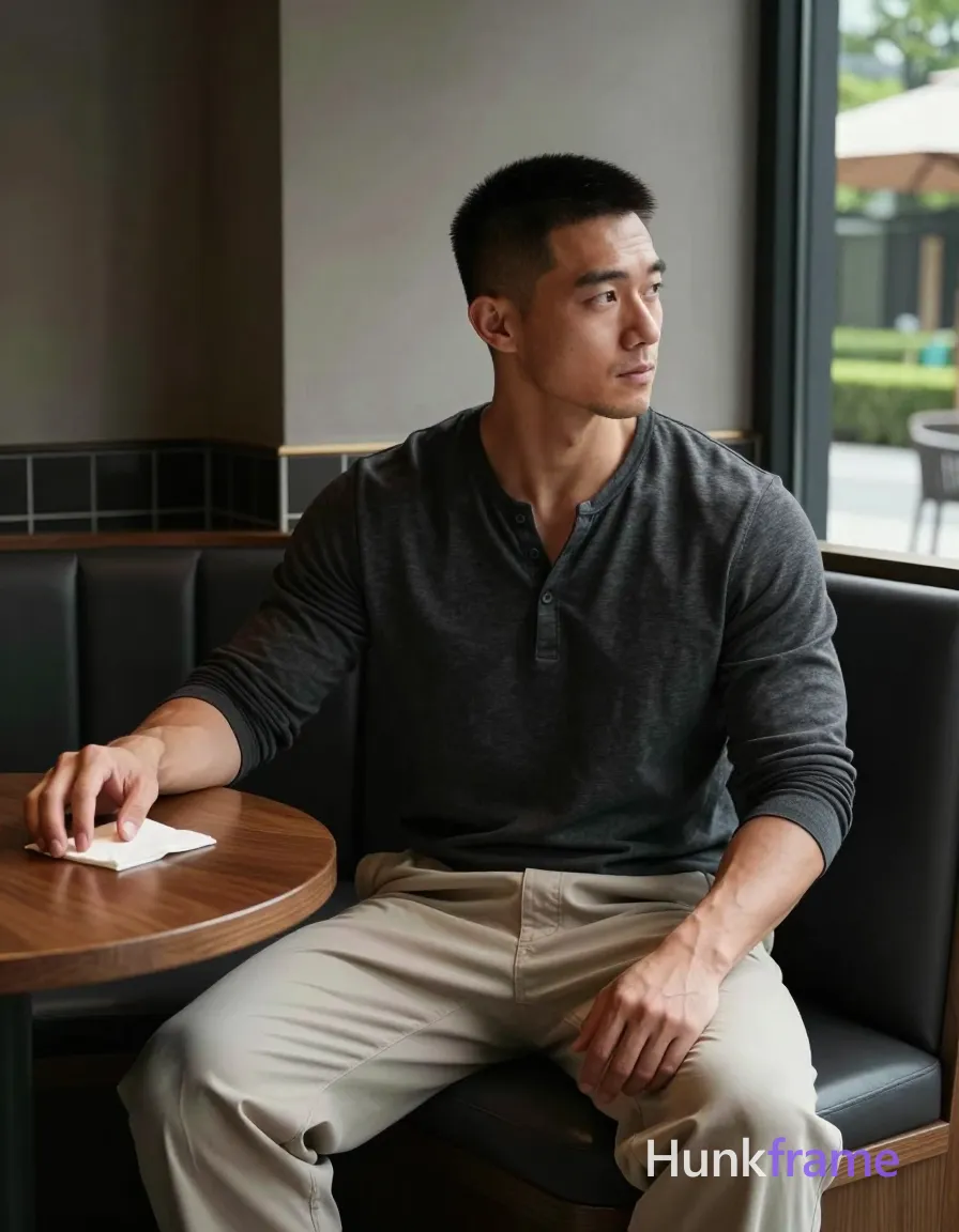 Photograph of exactly 1 adult man. Man 1: Asian, medium-tan, square-jawed with defined cheekbones, short buzz cut, dark brown/black, textured top with faded sides and back, clean-shaven with light stubble on chin and jawline. Man 1 has fully exposed eyes, eyebrows, temples and nose bridge. Broad shoulders, defined pectorals contrast with thick thighs in a sculpted masculine form. Seated sideways at round dark wood table reaching left for napkin while right hand rests on thigh. Dark charcoal long-sleeve henley buttoned mid-chest revealing collarbones over light beige wide-leg trousers. Vertical portrait crop centering Asian man in profile facing right with clean negative space above head. Indoor cafe booth featuring dark tiled wall, large glass window overlooking manicured garden outside. Natural daylight creates soft highlights on face and arms against dramatic interior shadows. Fine-art photography aesthetic emphasizing quiet luxury mood with muted earth-tone palette