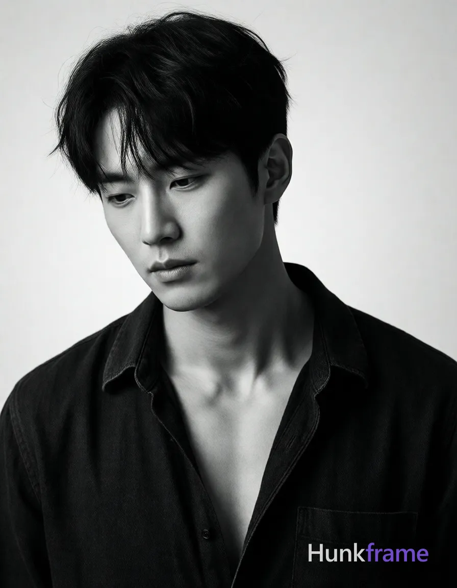 Korean man with dark tousled fringe and clean-shaven face, neutral melancholic gaze directed downward; Static pose, head tilted slightly down, shoulders relaxed angled toward camera; Wearing a textured dark collared shirt unbuttoned at the top half to reveal upper chest, clavicles, and neck fully visible; Lean build with defined collarbones, minimal muscle mass indicated in frame; Studio setting with seamless white/light gray gradient background; Soft directional key light from front-left creating gentle shadows on right side of face, subtle rim lighting along hairline; Monochrome black-and-white palette with high contrast between skin tones and dark fabric; Fine-art editorial aesthetic, minimalist composition focusing on facial expression and texture; Vertical portrait orientation 13:19 aspect ratio; single clean uninterrupted photograph with a cohesive editorial composition and plain continuous surrounding surfaces