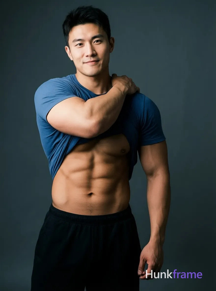 A photorealistic portrait of a handsome masculine male standing with one arm bent over his shoulder, torso slightly turned to the side, showcasing defined abs and thick muscular thighs. He wears only a blue t-shirt draped partially over his bare chest and shoulders, revealing his well-defined physique in soft, even lighting. The background is dark, contrasting against his lighter skin tone and the blue fabric, emphasizing his confident and strong demeanor in a clean studio setting with no distractions
