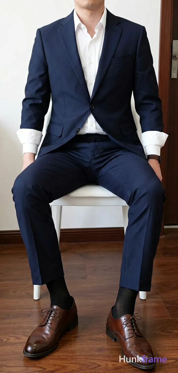 Seated adult man on white chair, legs spread with right leg crossed over left knee, torso upright angled left. Dark navy single-breasted suit jacket buttoned top, white dress shirt collar open no tie sleeves rolled to forearms cuffs visible, matching dark navy trousers, black sheer socks, brown leather lace-up oxford shoes. Indoor room white walls dark wood flooring door frame background. Soft indoor ambient light even illumination on fabric. Vertical phone-camera crop head excluded upper torso cropped top edge centered horizontally middle-lower frame focus suit fit leg positioning clean composition., wearing underwear or swim trunks, covered genitals, no frontal nudity, a single uninterrupted photograph only, no written words or typography anywhere in frame, no captions, no app UI, no social-media post layout, no screenshot borders