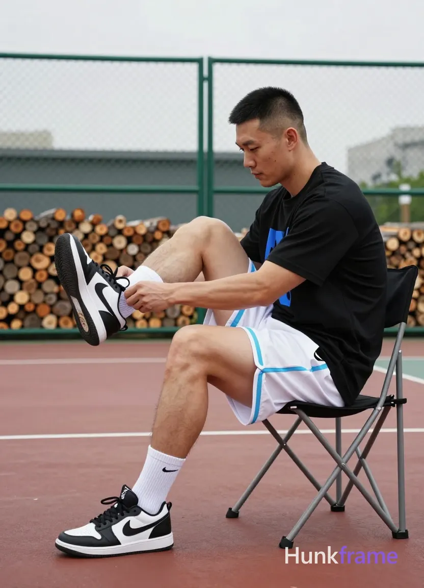 Asian man with short black buzz cut and clean-shaven face, seated in profile on a folding chair at an outdoor basketball court; He wears a black short-sleeve t-shirt with partial blue graphic covering the chest and white athletic shorts with light-blue side stripe; His left leg is bent elevated while he uses both hands to adjust his white sock and black-and-white sneaker, manipulating laces near the ankle; right leg extends forward on red-brown court surface; Thick thighs and defined calves are prominent under diffused daylight from an overcast sky; Soft shadows fall against a green chain-link fence with stacked firewood behind it; Vertical portrait photography capturing pre-game focused preparation; single clean uninterrupted photograph with a cohesive editorial composition and plain continuous surrounding surfaces