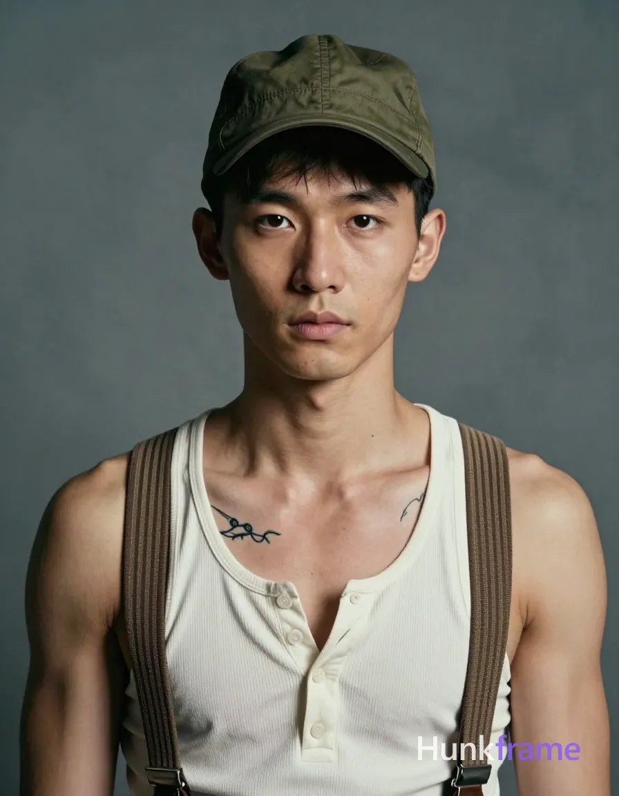 Caucasian man with fair warm skin wearing olive green military cap, off-white ribbed henley unbuttoned to reveal chest tattoo and defined collarbones. Static head-and-shoulders portrait facing camera with direct gaze and neutral mouth. Brown striped suspenders over shoulders against textured grey-blue studio backdrop. Soft directional front-left lighting creates subtle shadows on right face. High contrast fine-art photography, vintage color grading, intimate dramatic mood., same aesthetic theme and photo feel as the reference but a different man in a different pose with distinct body proportions, Chinese man, light tan skin, high cheekbones, lean wiry martial-arts physique, a single uninterrupted photograph only, no written words or typography anywhere in frame, no captions, no app UI, no social-media post layout, no screenshot borders