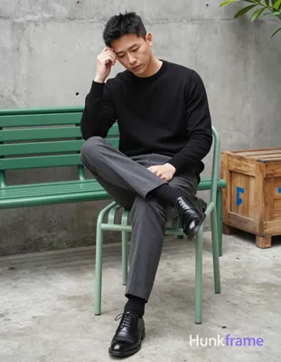Asian man in tasteful suggestive framing, seated on light green metal chair with