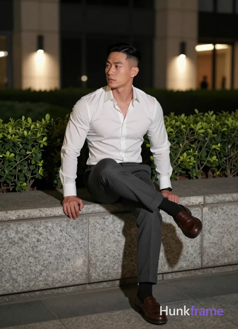 Asian man with short black straight side-parted hair and clean-shaven face, seated on wide stone ledge right leg crossed over left knee; Wearing white long-sleeve button-up shirt unbuttoned at top two buttons, dark grey slim-fit trousers with cuffed hems, black socks with white stripe detail, brown leather loafers; Broad shoulders, defined biceps, thick thighs; Outdoor urban night scene with modern building facade and manicured greenery; Soft directional light from left side illuminating front of subject against warm accent lights on wall behind; Fine-art photography fashion editorial aesthetic dramatic nighttime lighting sculpted pose composition full-body shot center-right sophisticated calm contemplative mood; single clean uninterrupted photograph with a cohesive editorial composition and plain continuous surrounding surfaces