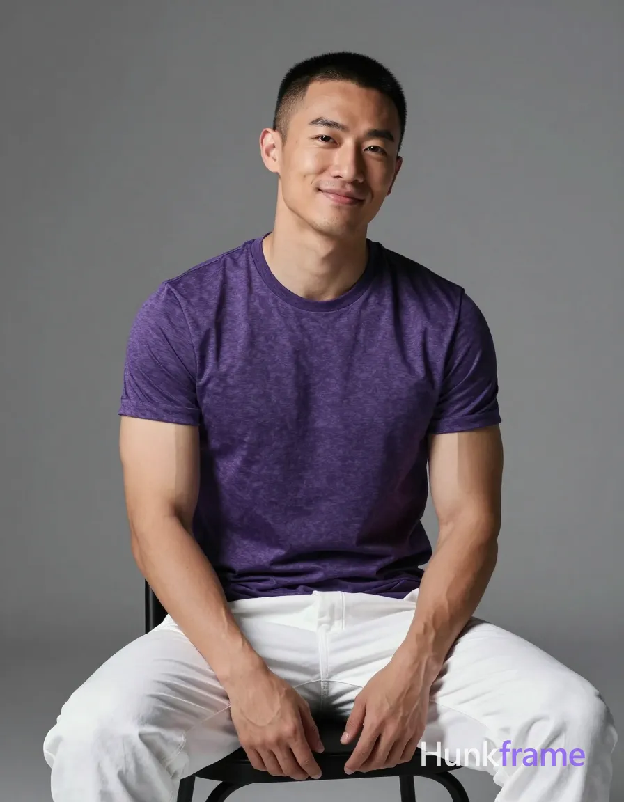 Asian man with short buzz cut and clean-shaven face smiling, seated upright on a black chair against a textured gray wall; He wears a snug purple marled crew-neck t-shirt revealing broad shoulders and defined pectorals, paired with loose white pants; His torso is relaxed while his head turns slightly to the viewer's right; Dramatic directional light from the left highlights his toned biceps in a clean composition fine-art photography style; single clean uninterrupted photograph with a cohesive editorial composition and plain continuous surrounding surfaces