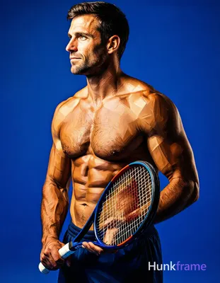 A fit adult man stands in three-quarter profile facing left, shirtless with a ba