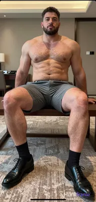 Muscle bear aesthetic, first-person POV lower-body focus on a big hairy stocky m