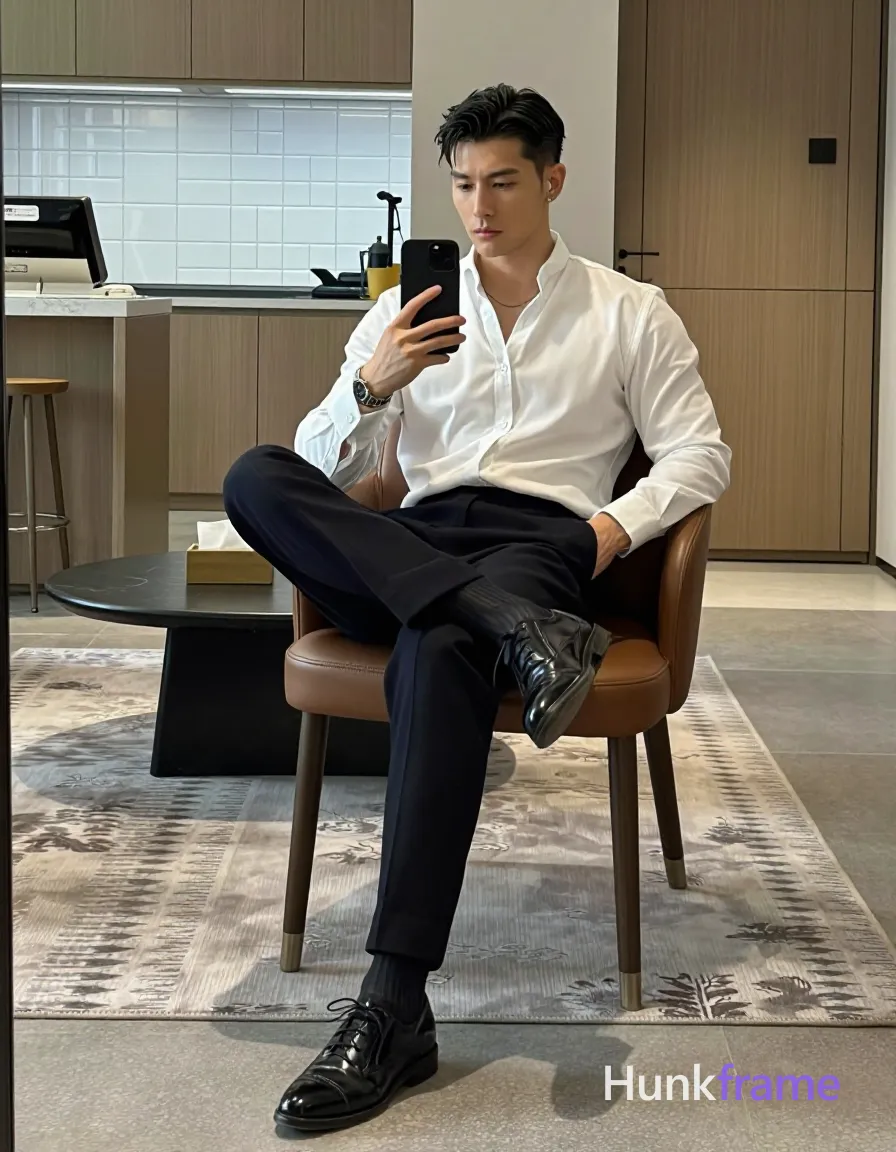 Adult man taking a vertical mirror selfie, seated on brown leather chair with right leg crossed over left knee; He wears a white long-sleeve dress shirt with French cuffs and buttoned collar, dark navy tailored trousers cuffed at ankles, black patent leather lace-up oxford shoes, and dark navy socks visible above shoe line; Short dark hair side-parted slick-back style; clean-shaven face with neutral pensive expression holding black smartphone in right hand to capture reflection; Modern interior room featuring light wood cabinetry, patterned rug under chair, low oval coffee table with tissue box behind subject suggesting kitchen or bar area; Soft ambient indoor lighting mixed with cool-toned backlight from illuminated tile grid; High-fashion editorial aesthetic, clean lines and structured silhouette, shot on iPhone 15 Pro main camera, authentic smartphone computational photography, natural Smart HDR, vertical 9:16 Xiaohongshu lifestyle post, bright clean gym or cafe scene, wardrobe matching reference outfit, confident everyday blogger pose, phone photo with natural grain, phone held naturally in one hand for selfie; single clean uninterrupted photograph with a cohesive editorial composition and plain continuous surrounding surfaces