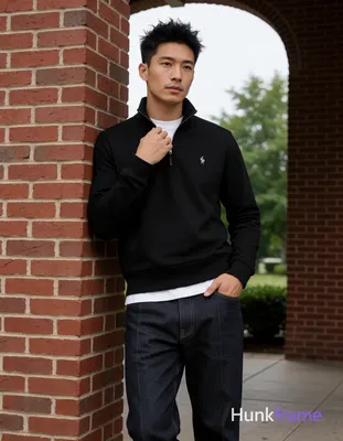 Asian man, light-medium skin, short textured black hair styled upward at the crown with tapered side