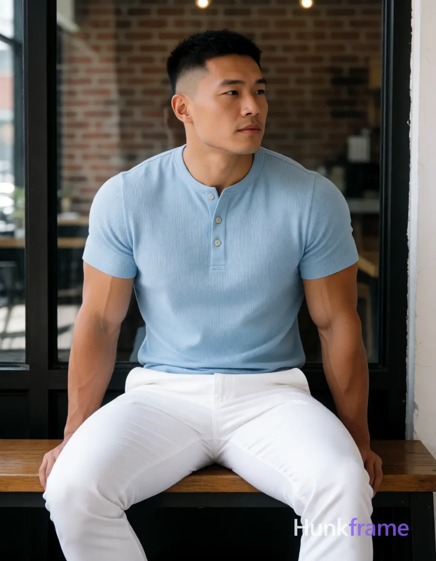 Heavily muscular adult man with substantial muscle mass, wide shoulders, thick neck, large chest and arms, powerful thighs, and dense bodybuilding proportions; Asian man with light-medium skin and a short black buzz cut featuring textured top and faded sides sits centered on a wooden bench; He wears clean-shaven face, calm composed gaze directed off-camera right, broad shoulders, defined pectorals, toned abdominal muscles visible through fitted shirt in a light blue short-sleeve henley t-shirt with ribbed texture and three-button placket (top two buttons fastened) paired with white slim-fit trousers; Legs spread apart; left leg slightly forward bent at knee, right leg extended back along bench edge; Indoor cafe setting against large black-framed glass window showing brick wall reflection behind; Natural daylight creates soft directional highlights on face and torso, subtle shadows under chin and arms indicating overhead ambient fill; Clean lines, natural lighting, editorial framing, minimalist palette; single clean uninterrupted photograph with a cohesive editorial composition and plain continuous surrounding surfaces