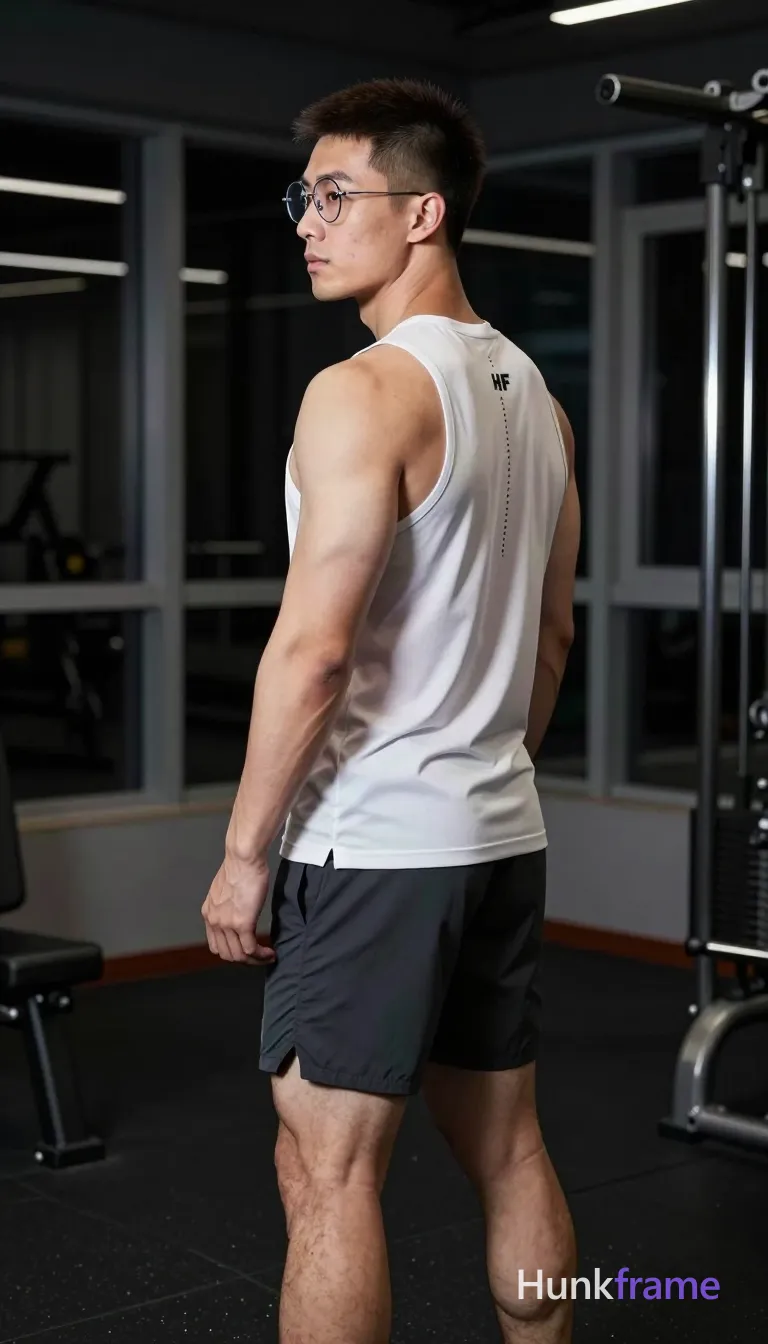 Asian man with light-medium skin, short dark brown buzz cut textured top layer, clean hairline, rimless thin metal frame glasses worn on face; Standing sideways to camera, torso angled away, head turned 90 degrees left looking over shoulder in neutral gaze; Wearing white sleeveless athletic tank top with HF text and dotted line down spine back, dark grey or black athletic shorts ending mid-thigh; Artistic partial nude adult exposing sculpted back muscles, defined deltoids, thick quads with visible vascularity, toned calves, arms, and calves; Modern gym interior with black rubber flooring, weight racks, glass windows showing night exterior; High-contrast studio lighting casting cool directional highlights on shoulders and back, shallow depth of field blurring background equipment; Vertical portrait 13:19 aspect ratio, full-body shot center-right occupying majority frame; The adult man visibly wears rimless or thin metal frame glasses with clear lenses worn on face; frames sit lightly on nose and ears without visible temples in profile view on his face; preserve the exact frame shape, rim; single clean uninterrupted photograph with a cohesive editorial composition and plain continuous surrounding surfaces