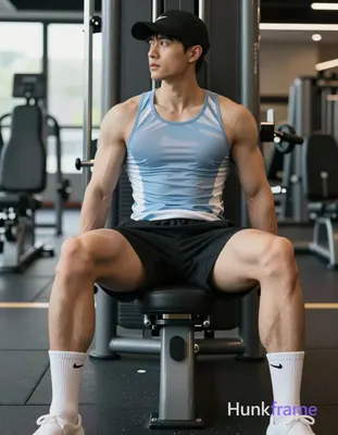 Asian man with short black straight hair and clean-shaven jaw seated on gym leg 