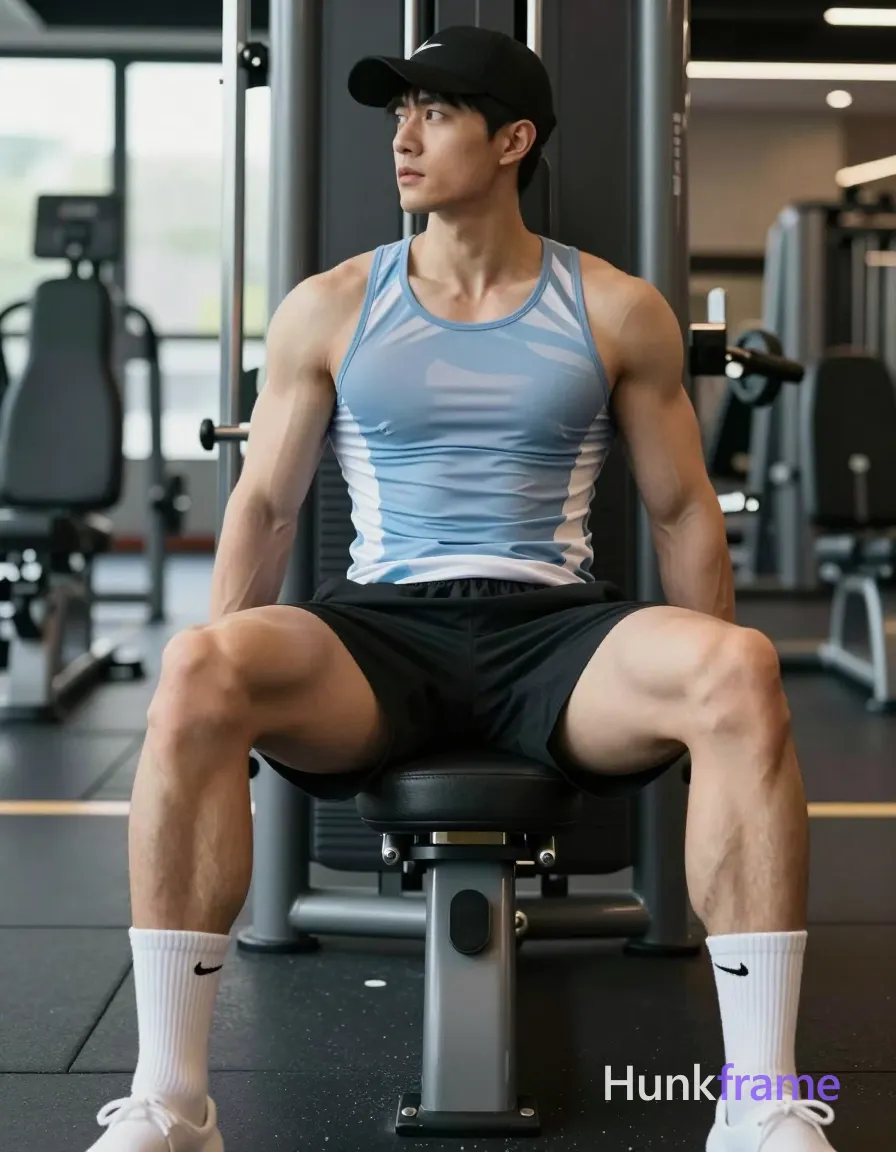 Asian man with short black straight hair and clean-shaven jaw seated on gym leg press, legs spread wide in V-shape showing thick quadriceps striations; He wears a tilted black baseball cap, light blue and white patterned compression tank top clinging to broad shoulders and pectorals, black athletic shorts revealing lower abdomen, and mid-calf crew socks with small black Nike swoosh logos; Full arms exposed from biceps to forearms; Indoor gym setting with blurred background equipment and daylight windows; Soft directional lighting highlights right shoulder against dark clothing palette of slate grey, navy blue, white, and skin tones; Slight motion blur on edges for dynamic vertical portrait composition; single clean uninterrupted photograph with a cohesive editorial composition and plain continuous surrounding surfaces