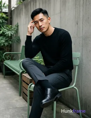 Photograph of exactly 1 adult man. Man 1: Asian, light-medium, oval with defined