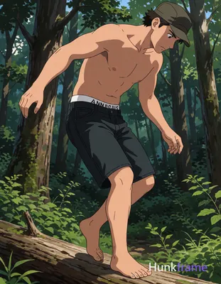 A polished anime-style illustration of a Caucasian man with light medium tan skin balancing on a fal