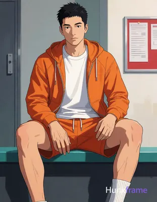 Asian man with short black spiky hair and clean-shaven face, neutral gaze direct eye contact seated 