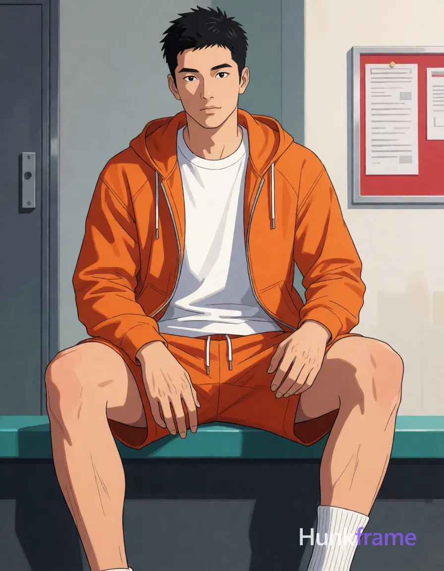 Asian man with short black spiky hair and clean-shaven face, neutral gaze direct eye contact seated on a teal bench or ledge in an indoor locker room; Legs bent with knees up slightly apart, torso relaxed upright, hands resting loosely on thighs/knees wearing orange zip-up hooded jacket unzipped to mid-chest over white crew-neck t-shirt and matching orange drawstring shorts; White ribbed ankle sock visible on right foot while left leg remains bare exposing lower calf skin texture; Lean build with defined jawline under soft directional light from front-left casting subtle shadows defining facial structure and clothing folds against muted background grays, whites, and red-framed notice board detail rendered in polished anime 2.5D next-gen game art style; single clean uninterrupted artwork with a cohesive composition and plain continuous surrounding surfaces