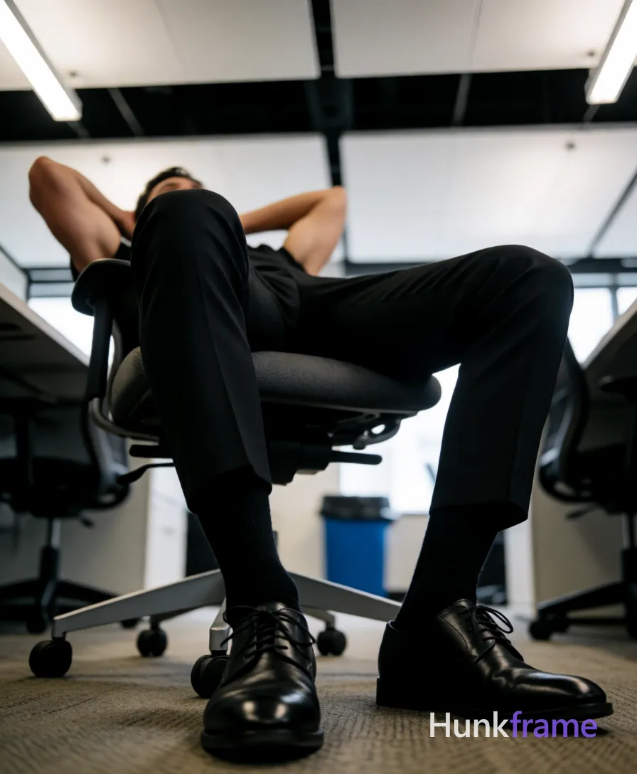 A handsome masculine man seated reclined in a modern office chair, head cropped out of frame with low-angle perspective focusing on lower body and legs; He is shirtless revealing bare chest and abdomen, wearing black dress pants, thick thighs emphasized by dramatic lighting, broad shoulders visible against the backrest; Arms rest behind head or along sides partially obscured; Black crew socks and black leather lace-up oxford shoes catch ambient light reflecting off polished surfaces; Modern office environment with white ceiling panels, black structural beams, rolling chairs, carpeted floor, blue trash bin blurred in background by shallow depth of field; Overhead fluorescent lighting casts soft shadows under chair and legs while natural light highlights skin tones on pale to medium complexion; Premium fashion-editorial aesthetic with homoerotic undertones, sculpted leg focus, moody atmosphere; single clean uninterrupted photograph with a cohesive editorial composition and plain continuous surrounding surfaces