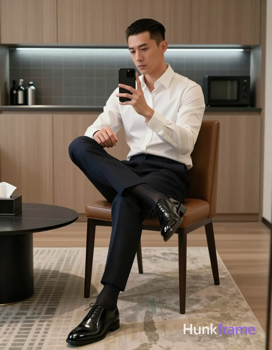 Adult man, slim build, short dark brown/black side-parted slick-back hair, clean-shaven face with neutral pensive expression; Seated on a brown leather chair right leg crossed over left knee, torso angled toward mirror holding black smartphone in right hand for selfie capture, left hand resting near shirt cuff; Wearing white long-sleeve dress shirt with French cuffs and buttoned collar, dark navy tailored trousers cuffed at ankles, black patent leather lace-up oxford shoes, dark navy socks visible above shoe line; Modern interior room featuring light wood cabinetry, patterned rug under chair, low oval coffee table with tissue box, tiled backsplash behind subject suggesting kitchen or bar area; Soft ambient indoor lighting mixed with cool-toned backlight from illuminated tile grid in background; High-fashion editorial aesthetic, clean lines and structured silhouette, premium menswear photography, vertical portrait orientation 832x1216; single clean uninterrupted photograph with a cohesive editorial composition and plain continuous surrounding surfaces