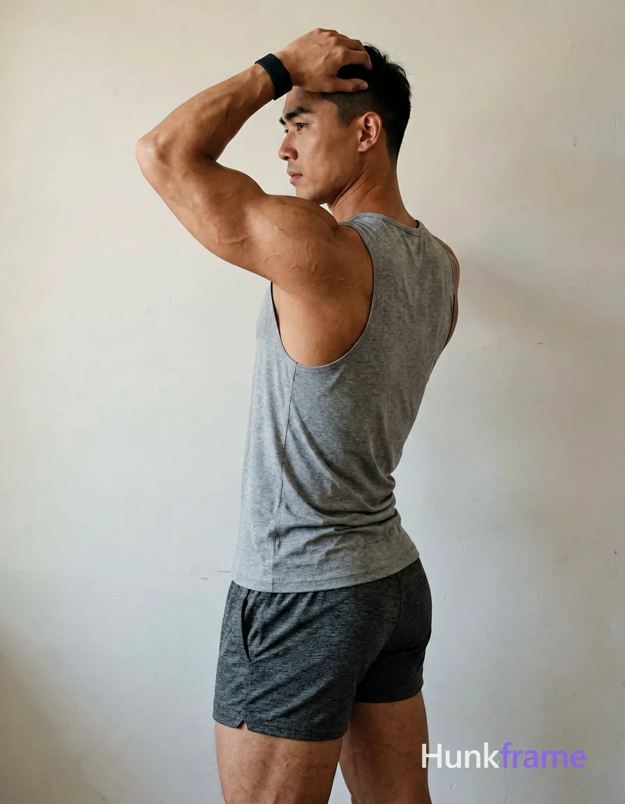 A handsome masculine man as a Xiaohongshu fitness influencer, standing in profile with left arm raised behind head and elbow bent while gripping a black wristband near neck. He wears a grey sleeveless tank top covering torso and back paired with dark grey textured shorts. Defined back muscles and veins on arms are captured by soft directional indoor lighting against plain light-colored walls. Vertical portrait crop from mid-thighs to upper chest, clean composition focusing on musculature and posture in an aspirational lifestyle mood., same aesthetic theme and photo feel as the reference but a different man in a different pose with distinct body proportions, South Asian man, medium brown skin, thick brows, gymnast lean muscle, wearing underwear or swim trunks, covered genitals, no frontal nudity, a single uninterrupted photograph only, no written words or typography anywhere in frame, no captions, no app UI, no social-media post layout, no screenshot borders