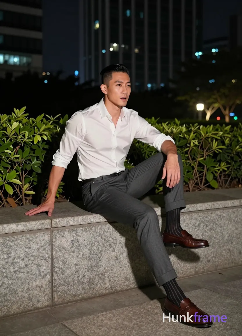 Asian man with short black side-parted slick-back hair and clean-shaven face, neutral expression mouth slightly open; Seated sideways on wide stone ledge left leg extended foot flat right knee bent resting on surface torso leaning forward hands on thighs for support; White long-sleeve button-up shirt sleeves rolled to mid-forearm dark grey slim-fit trousers cuffed at ankles black striped socks with white vertical stripes brown leather loafers fully clothed adult lean build physique outdoor urban night scene modern high-rise building background manicured greenery stone steps artificial ambient lighting soft shadows on face and clothing fine-art photography aesthetic dramatic nighttime lighting sculpted pose deliberate body language polished confident urban sophistication full-body shot centered portrait orientation 13:19 aspect ratio; single clean uninterrupted photograph with a cohesive editorial composition and plain continuous surrounding surfaces