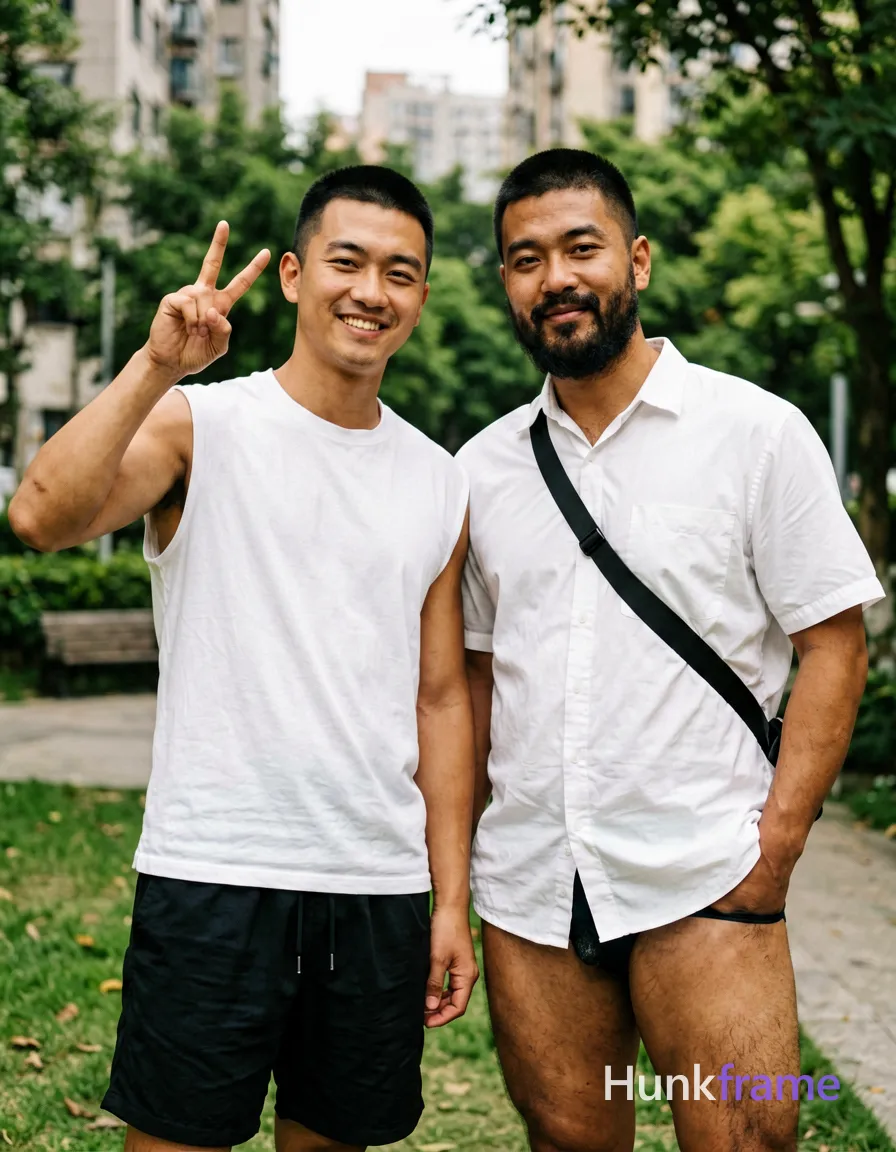 A candid vertical portrait of two Asian men with medium skin and short black buzz cuts in an urban park, styled like a Xiaohongshu lifestyle post. The main subject wears a white sleeveless crew-neck t-shirt and black drawstring shorts, smiling at the camera while standing with his right arm bent making a peace sign; the left hand is not visible. He stands next to another man in a white short-sleeve shirt with a crossbody strap, one hand casually in pocket. Natural daylight creates a soft-focus social media aesthetic against green foliage and city buildings., same aesthetic theme and photo feel as the reference but a different man in a different pose with distinct body proportions, Middle Eastern man, tan skin, dark beard shadow, muscular but natural proportions, wearing underwear or swim trunks, covered genitals, no frontal nudity, a single uninterrupted photograph only, no written words or typography anywhere in frame, no captions, no app UI, no social-media post layout, no screenshot borders