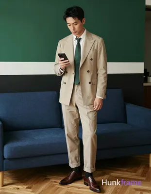 Asian man with light-medium skin and short black hair standing casually in a mod