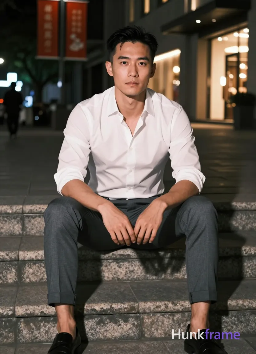Photograph of exactly 1 adult man. Man 1: Asian, light-medium, oval with defined jawline, short black hair, straight texture, side-parted, clean-shaven head and neck. Man 1 has fully exposed eyes, eyebrows, temples and nose bridge. Broad shoulders with defined pectorals, toned abdomen on a light-medium Asian man. Seated on stone steps with legs slightly apart, hands loosely interlaced between thighs. White long-sleeve button-up shirt sleeves rolled to mid-forearm paired with dark grey slim-fit trousers cuffed at ankles. Full-body vertical portrait centered from head to shoes in 13:19 aspect ratio against softly blurred background. Urban night scene on stone steps before a warmly lit building featuring red banners, trees. High-contrast artificial ambient street lighting with warm glow from storefronts creating dramatic shadows. Fine-art fashion editorial photography showcasing polished confidence with even evening elegance mood