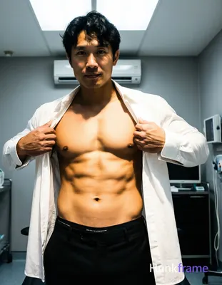 Asian man with short black hair and clean-shaven face stands facing camera in a clinical room, pulli