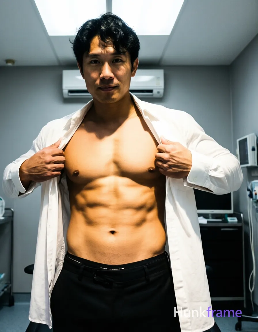 Asian man with short black hair and clean-shaven face stands facing camera in a clinical room, pulling open an unbuttoned white shirt worn off shoulders to expose bare chest and abdomen. Athletic build with defined abs visible against light-medium skin tone. Black trousers with belt at hip level reveal waistband; no socks or shoes shown. Bright overhead lighting casts sharp shadows on the gray walls and air conditioner unit in background. Vertical portrait crop, centered composition, phone-camera aesthetic with slightly soft focus capturing a candid iPhone rear-camera snapshot energy., same aesthetic theme and photo feel as the reference but a different man in a different pose with distinct body proportions, Mediterranean Italian man, olive skin, wavy dark hair, lean surfer body, a single uninterrupted photograph only, no written words or typography anywhere in frame, no captions, no app UI, no social-media post layout, no screenshot borders