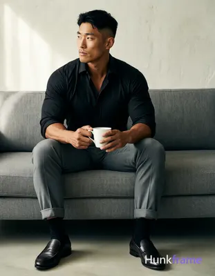 Asian man with medium-dark skin and short black fade hair sits left-center on a 