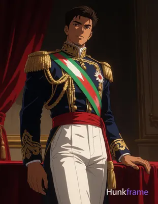 Polished anime-style adult man with short dark brown hair and clean-shaven face,