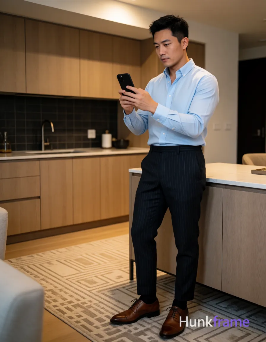 Asian man, light-medium skin, short black hair textured top faded sides clean neckline, clean-shaven face focused neutral expression viewing phone screen; Standing casually in modern apartment holding black smartphone both hands chest level thumb on screen taking selfie or reviewing photo; Wearing light blue long-sleeve button-down shirt top 2-3 buttons undone, dark pinstripe trousers, black dress socks, brown leather cap-toe oxford shoes; Full-body shot from knees up to head center-right composition; Modern apartment with light wood cabinetry dark tiled backsplash beige geometric rug contemporary furniture; Soft ambient indoor lighting warm highlights face and shirt overhead source; Clean lines minimalist interior design high-end fashion editorial aesthetic calm composed sophisticated mood portrait orientation; single clean uninterrupted photograph with a cohesive editorial composition and plain continuous surrounding surfaces