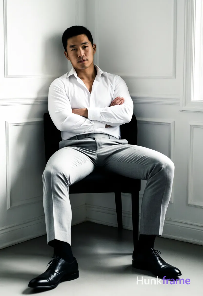 Asian man with short black hair and clean-shaven face, neutral direct gaze seated in a minimalist corner. He leans back against the white paneled wall on a black chair, arms crossed over his chest. Wearing an open-collared white long-sleeve button-up shirt revealing collarbone, light grey tailored trousers, black socks, and black leather dress shoes. Left leg extended forward with thick thighs visible, right knee bent resting on floor. Soft directional lighting from the right casts subtle shadows on the left wall and chair leg. High contrast between stark white fabric and dark elements creates a dramatic mood. Full-body vertical crop centered in frame., a single uninterrupted photograph only, no written words or typography anywhere in frame, no captions, no app UI, no social-media post layout, no screenshot borders
