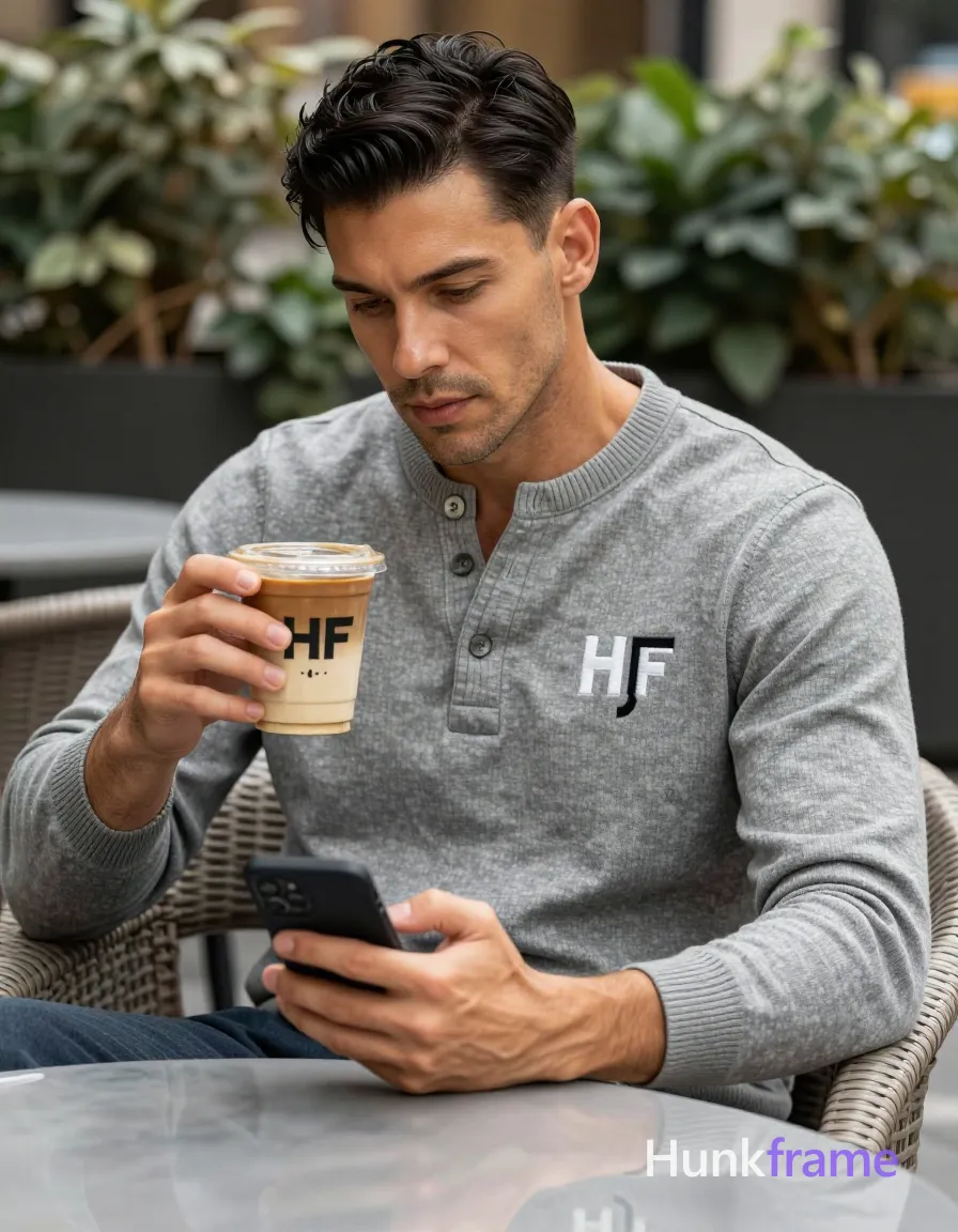 an anonymous figure adult man with light to medium tan skin, short textured black hair side-swept over forehead, clean-shaven jawline with faint upper lip stubble; Seated upright in wicker chair outdoors at café patio, torso angled forward holding iced coffee cup near chest level with right hand while left arm rests on lap edge; Wearing grey long-sleeve henley-style crewneck sweater with three-button placket and small embroidered white 'HF' logo replaced by single bold black text mark HF on left chest; smartphone held naturally in frame creating coherent reflection geometry of the man's face and upper body against softly blurred green foliage background; FULL GARMENT TEXT REPLACEMENT: remove every source garment word, sentence, slogan, logo, and partial brand spelling from every existing print area, then replace those source marks with only the wordmark, spelled exactly "HF"; This is replacement, Repeated "HF" marks are allowed only where the source garment already had printed text; preserve appropriate placement, typography, color, and scale, logo, caption; single clean uninterrupted photograph with a cohesive editorial composition and plain continuous surrounding surfaces
