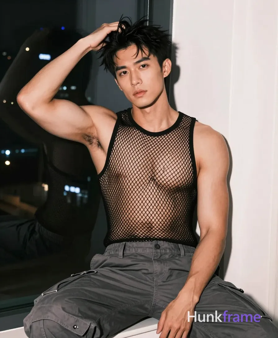 Asian adult man seated on window ledge at night, shirtless with black fishnet mesh tank top over bare chest and abdomen extending below waistline; Broad shoulders, defined pectorals, deltoids, rectus abdominis lines visible under warm sheen lighting; thick thighs partially seen in grey cargo trousers with front button closure; Right hand raised to tousled black crop hair at crown Indoor urban night setting with blurred city skyline bokeh behind white walls; High contrast cinematic depth of field, sharp focus on musculature and skin texture, same aesthetic theme and photo feel as the reference but a different man in a different pose with distinct body proportions, German man, fair skin, strong brow ridge, lean cyclist legs; single clean uninterrupted photograph with a cohesive editorial composition and plain continuous surrounding surfaces
