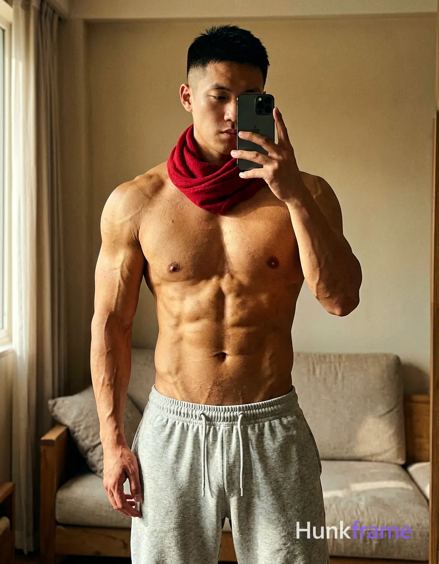 Asian man with short black hair and clean-shaven face standing in a cozy indoor living room setting, holding his phone for a candid selfie. He is shirtless, displaying a muscular chest, defined abs, and visible vascularity, wearing light grey sweatpants and a red scarf wrapped around his neck and shoulders. His left arm rests on his thigh while the right hand holds the device near face with forearm raised. Vertical portrait composition centered in frame with soft warm lighting from window casting gentle shadows on torso. High-detail skin texture emphasizing muscle definition against beige walls, trendy lifestyle vibe., wearing underwear or swim trunks, covered genitals, no frontal nudity, a single uninterrupted photograph only, no written words or typography anywhere in frame, no captions, no app UI, no social-media post layout, no screenshot borders