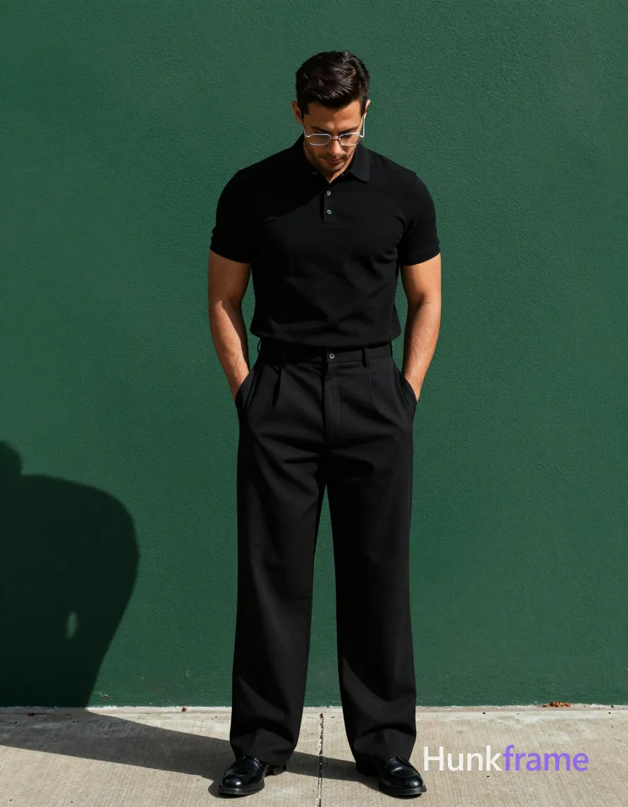 Striking full-bleed wallpaper adult man with medium-dark skin and short dark hair featuring a visible left parting, wearing thin metal frame rectangular glasses worn on face; He stands upright on concrete looking downward at the ground in a contemplative pose, hands deep inside front pockets of high-waisted black pleated trousers revealing thick thighs; Black ribbed polo shirt covers torso with collar buttoned to neck; short sleeves end mid-bicep showing defined biceps and forearms; Broad shoulders frame the silhouette against green foliage under bright sunlight casting sharp shadows from above-left; High-contrast lighting sculpts physique in a vivid mood, full-body shot center-right composition; The adult man visibly wears thin metal frame glasses worn on face, rectangular shape with minimal rim thickness, clear lenses on his face; preserve the exact frame shape, rim style, color, material, and lens tint; single clean uninterrupted photograph with a cohesive editorial composition and plain continuous surrounding surfaces