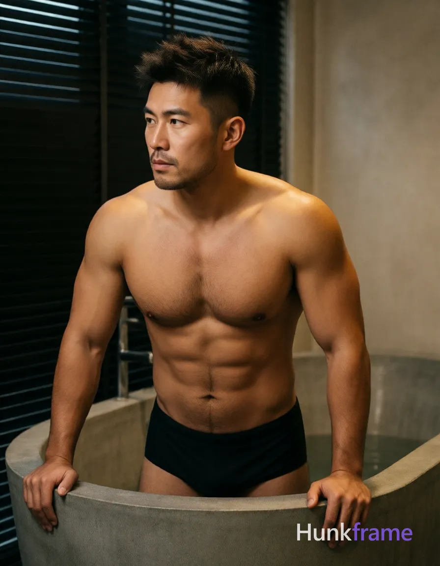 Photograph of exactly 1 adult man. Man 1: Asian, tanned, square jawline with defined cheekbones, short, dark brown/black hair, textured top with faded sides (undercut), slightly spiky on crown, clean-shaven. Man 1 has fully exposed eyes, eyebrows, temples and nose bridge. Broad shoulders, thick arms frame the tanned Asian man standing shirtless in the tub. He rests both hands on the concrete rim while gazing leftward with a contemplative neutral expression. Black swim briefs sit at his waistline, exposing defined pectorals, ripped abdominal muscles above. Vertical portrait crop centers him horizontally within the mid-to-lower frame against dark blinds. A freestanding concrete bathtub sits in a warm indoor bathroom with soft shadows on beige walls. Fine-art photography aesthetic captures the sensual mood through pose, setting, and implied exposure