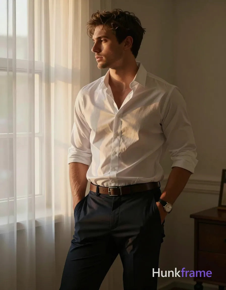A handsome masculine man leaning against a window with hands in pockets, wearing a white button-up shirt partially unbuttoned, dark pants, brown belt, and wristwatch. The setting is indoors near a window with sheer curtains allowing soft golden hour light to filter through. Warm, muted color palette emphasizing skin tone and clothing. Thick muscular thighs are visible. Tack-sharp image quality, dreamy ethereal fine art photography style