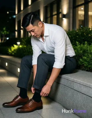 Asian man with short dark straight side-parted hair and clean-shaven face, slim build seated on ston
