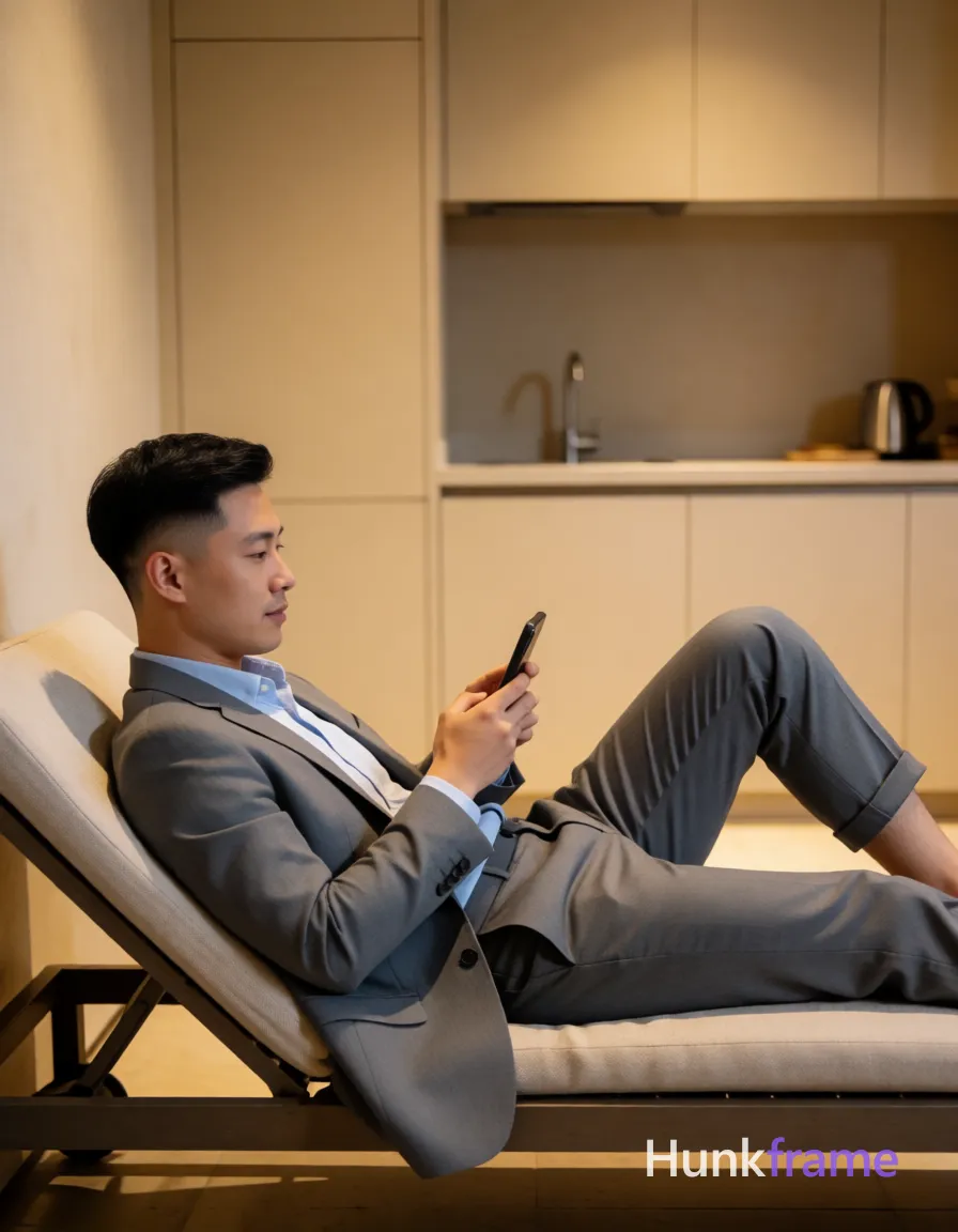 Photograph of exactly 1 adult man. Man 1: light to medium, oval, short black hair with a fade on the sides and slightly longer length on top, neatly styled, clean-shaven. Man 1 has fully exposed eyes, eyebrows, temples and nose bridge. slim build with short black hair fade, clean-shaven face. reclining on lounge chair holding smartphone near chest level. grey suit jacket open over light blue shirt with cuffed trousers. full body vertical portrait shot from head to feet right side. modern interior space with beige walls, built-in kitchenette unit. soft ambient indoor lighting creating gentle shadows under furniture. clean lines minimalist aesthetic warm tones dominating scene composition
