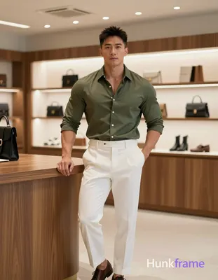 Asian man with short dark textured hair and clean-shaven face, standing upright in a luxury boutique