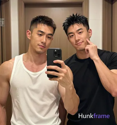 Two adult Asian men in a polished anime 2.5D next-gen game art style taking a ve