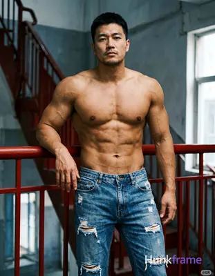 An Asian man with short black hair and light stubble leans back against a red me