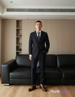 Asian man with short black buzz cut and clean-shaven face stands upright leaning against a black lea