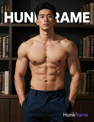 Asian man with short black hair styled back, clean-shaven face, neutral direct gaze standing center-