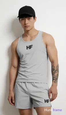 Asian muscular man with short black straight hair and clean-shaven face stands against a plain white