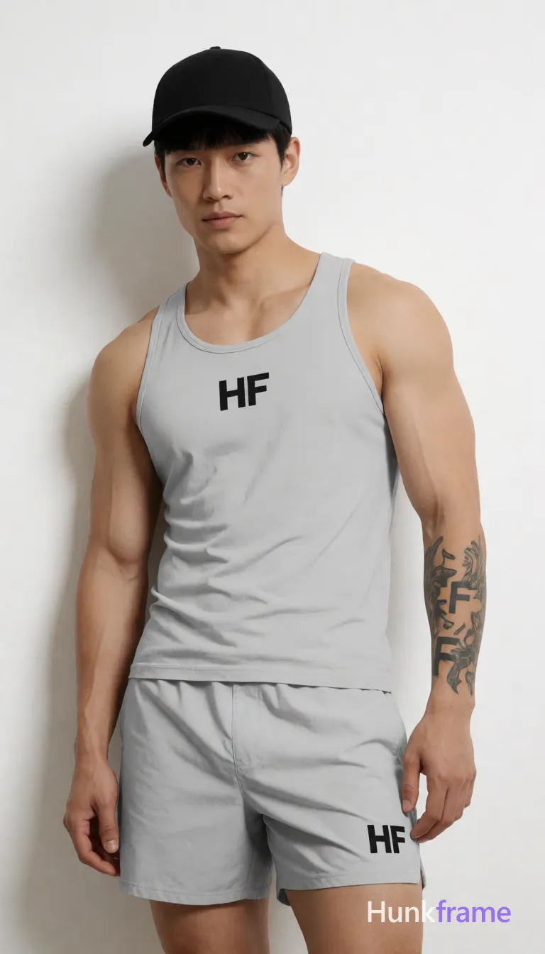 Asian muscular man with short black straight hair and clean-shaven face stands against a plain white wall, leaning slightly left; He wears a low-sitting black an anonymous figure cap, light grey fitted tank top reading 'HF', matching athletic shorts with logo on the leg; Arms fully exposed showing defined biceps, triceps, vascularity, and large tribal tattoo on left forearm; legs visible from thighs down; Bold flat-color poster design with high-contrast color blocking; FULL GARMENT TEXT REPLACEMENT: remove every source garment word, sentence, slogan, logo, and partial brand spelling from every existing print area, then replace those source marks with only the wordmark, spelled exactly "HF"; This is replacement, Repeated "HF" marks are allowed only where the source garment already had printed text; preserve appropriate placement, typography, color, and scale, logo, caption, username, hashtag, comment, watermark, or UI chrome; single clean uninterrupted photograph with a cohesive editorial composition and plain continuous surrounding surfaces
