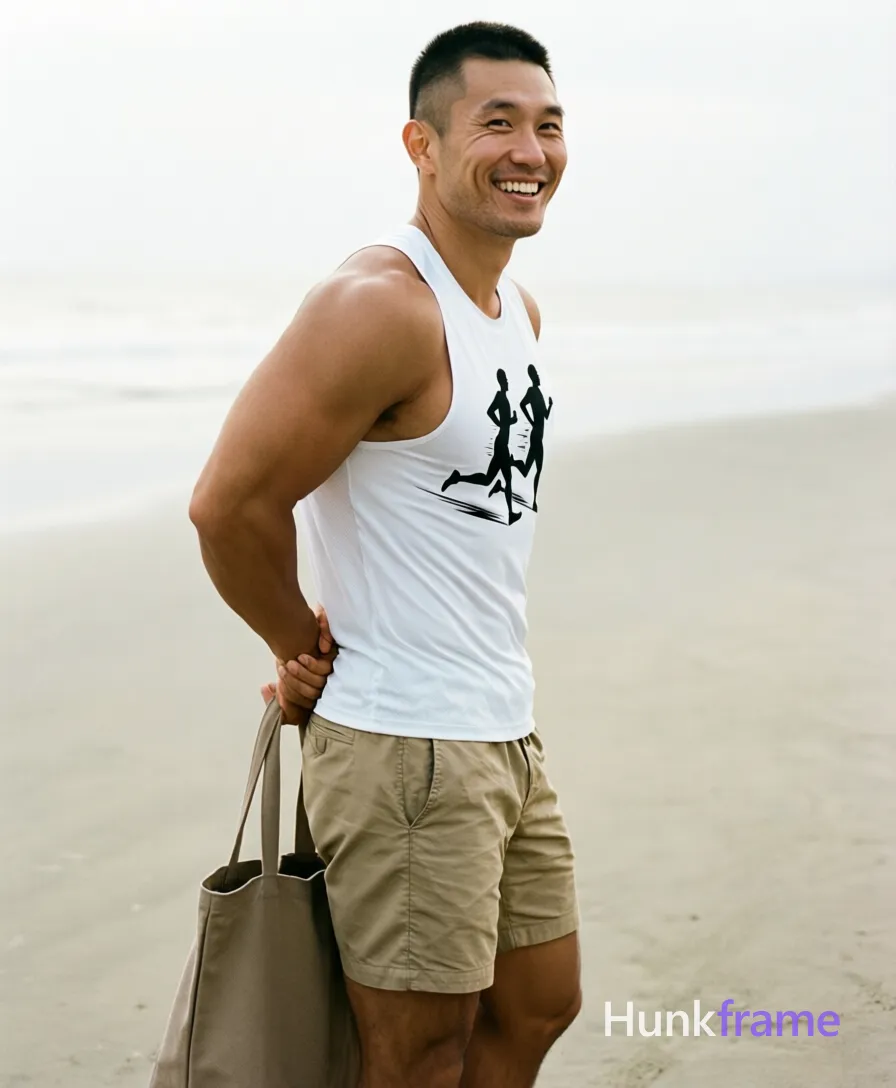 Asian man with short buzz cut and clean-shaven jaw, smiling broadly looking over left shoulder; Standing sideways holding beige tote bag straps behind hips in white sleeveless athletic tank top with black running figures graphic and khaki shorts ending mid-thigh; Full body shot from head to upper thighs on sandy beach under soft diffused daylight; Tasteful suggestive framing with sculpting light highlighting broad shoulders, defined deltoids, triceps, and visible abdominal definition through fabric; single clean uninterrupted photograph with a cohesive editorial composition and plain continuous surrounding surfaces